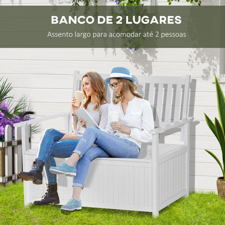 Banco de Madeira Exterior de 2 Lugares com Espaço de Armazenamento e Tecido Oxford Banco Baú de Jardim Terraço com Apoio para os Braços Carga 250kg 125x68,5x97 Branco