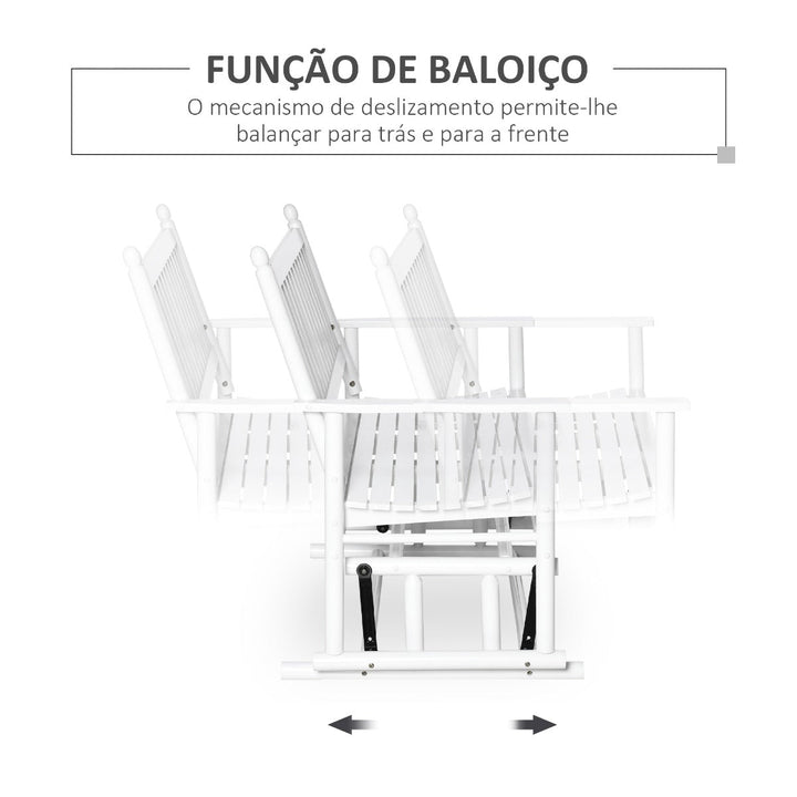 Banco Baloiço de Jardim de 2 Lugares Banco Baloiço de Madeira com Apoio para os Braços e Encosto de Ripas para Terraço Exterior Carga 250kg 125x68,5x102cm Branco