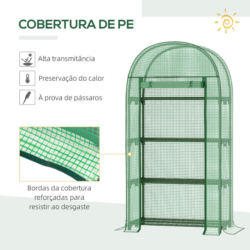 Estufa de Jardim com 4 Prateleiras Metálicas Porta Enrolável e Cobertura de PE Estufa de Varanda para Cultivo de Plantas Flores 80x49x160cm Verde