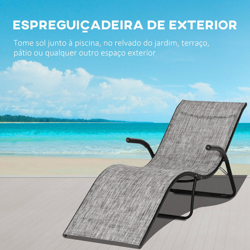 Espreguiçadeira de Jardim com Apoio para os Braços Apoio para os Pés Encosto Respirável e Estrutura de Metal Ergonómico para Terraço Praia Acampamento 170x62x68cm Cinza