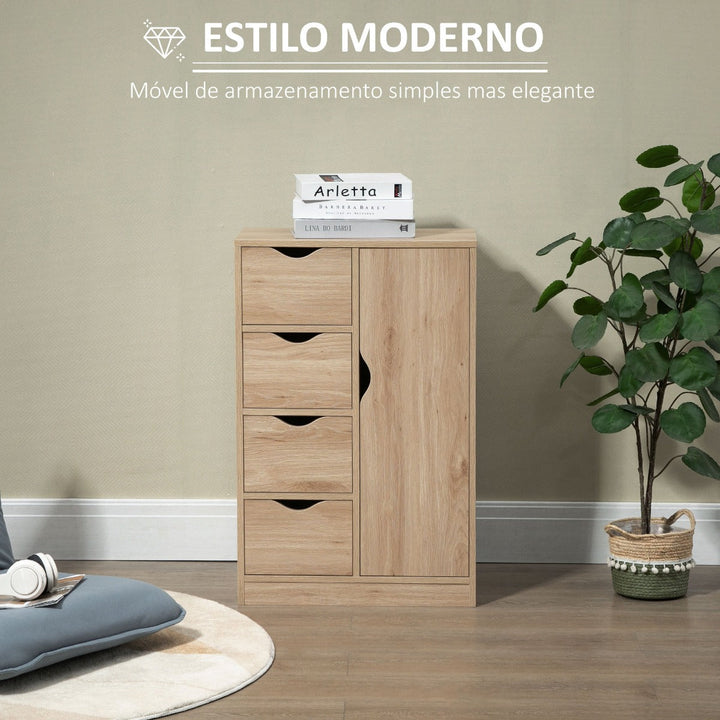 Armário de Sala de Estar Aparador Auxiliar com 4 Gavetas 1 Armário e Prateleira Inferior Móvel de Armazenamento Múltiuso para Dormitórios Sala de Jantar 54x29x83cm Carvalho