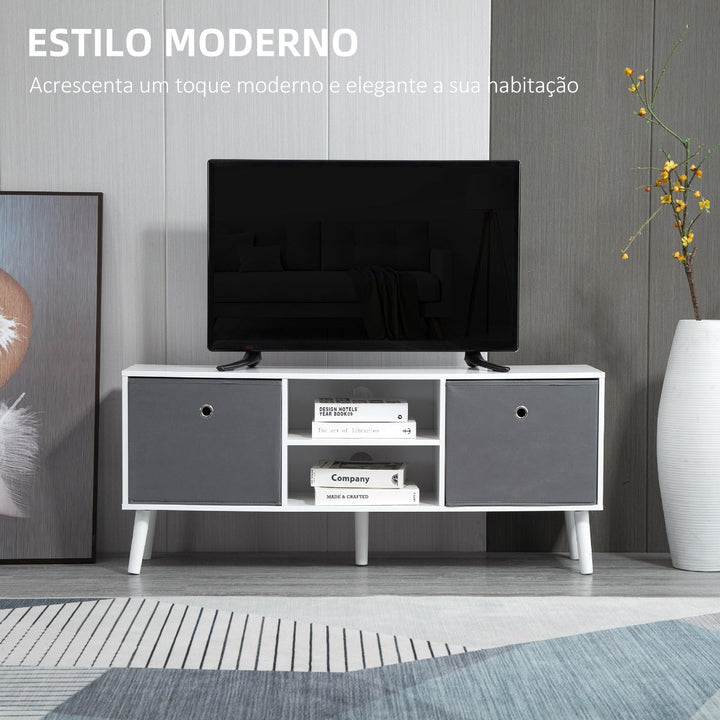 Móvel de TV para Televisores de até 50 Polegadas Móvel de Sala de Estar Moderno com 2 Gavetas de Tecido 2 Prateleiras Abertas e Orifício Passa Cabos 110x29x46,5cm Branco e Cinza
