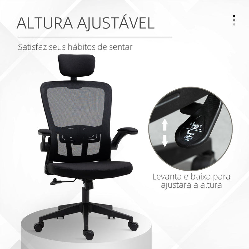 Cadeira de Escritório de Malha Ergonómica Cadeira de Escritório com Altura Ajustável Apoio para os Braços Dobrável Apoio para a Cabeça e Suporte Lombar Ajustáveis 65x64x114-122cm Preto