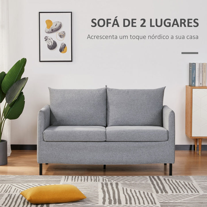Sofá de 2 Lugares Estofado em Linho Sintético Sofá 2 Lugares de Sala de Estar com Almofadas Acolchoadas Apoio para os Braços e Pés de Aço 130x67x76,5cm Cinza