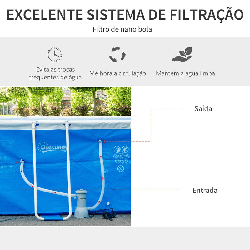 Piscina Desmontável Tubular 440x240x122cm Piscina Retangular de Exterior com Purificador 4.000L/H Mangueiras de Comprimento 100cm e Estrutura de Aço Azul