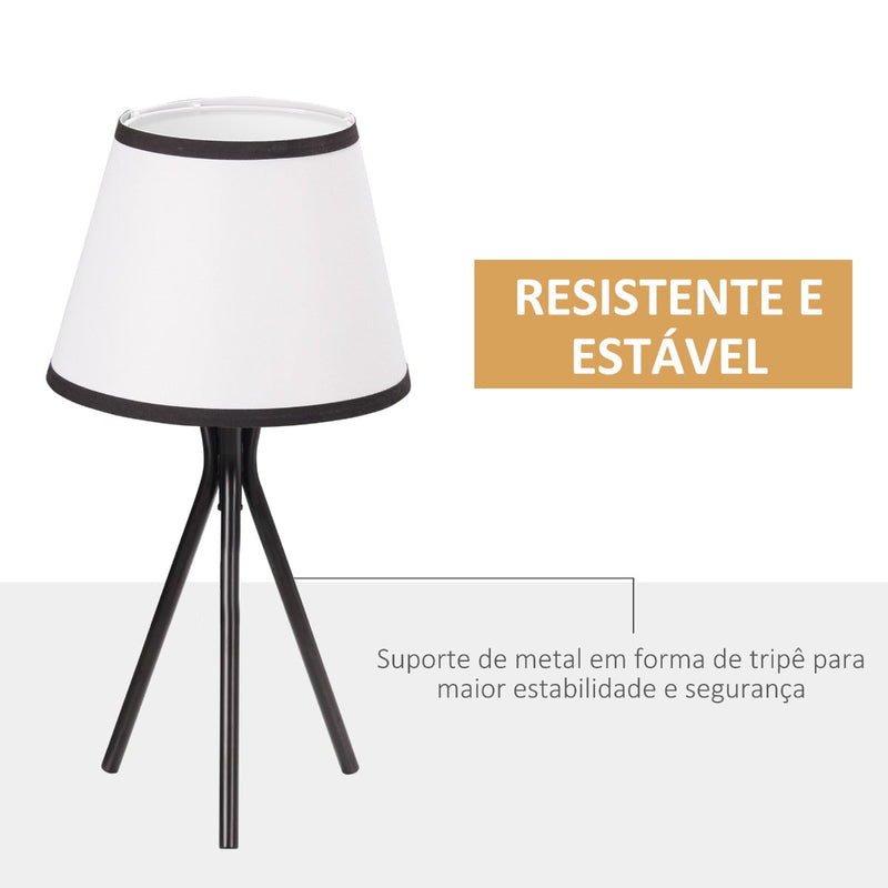 Candeeiro de Mesa com Tripé de Metal Candeeiro de Escritório com Ecrã de Tecido e Suporte para Lâmpada E27 Máx. 40W Estilo Moderno para Dormitórios Sala de Estar Ø25x50cm Branco e Preto