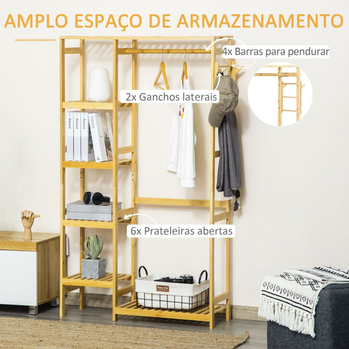Charriot de Bambú Charriot de Pé com Prateleiras de 4 Níveis com Barra Prateleira Inferior e Cabide Lateral para Roupas Bolsas Dormitório 90x30x155cm Natural