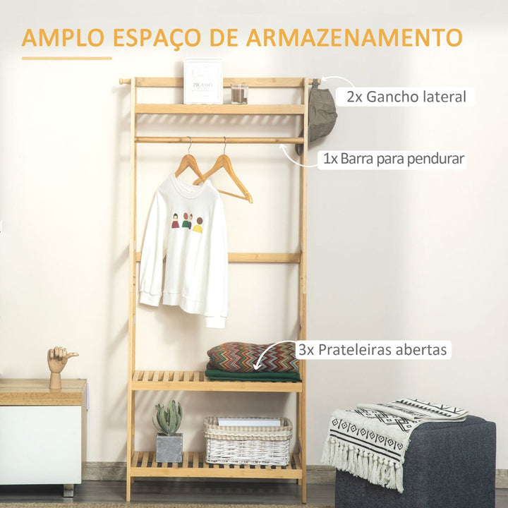 Charriot de Pé de Bambú Charriot com Prateleira de 3 Níveis com Barra e Cabide Lateral para Roupas Bolsas para Dormitório 70x42x164cm Natural