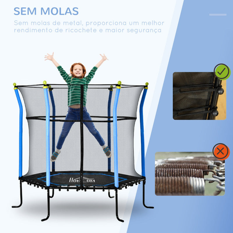 Trampolim para Crianças acima de 3 Anos Cama Elástica Infantil com Rede de Segurança e Estrutura de Aço para Interiores e Exteriores Carga 60kg Ø161x163 cm Azul