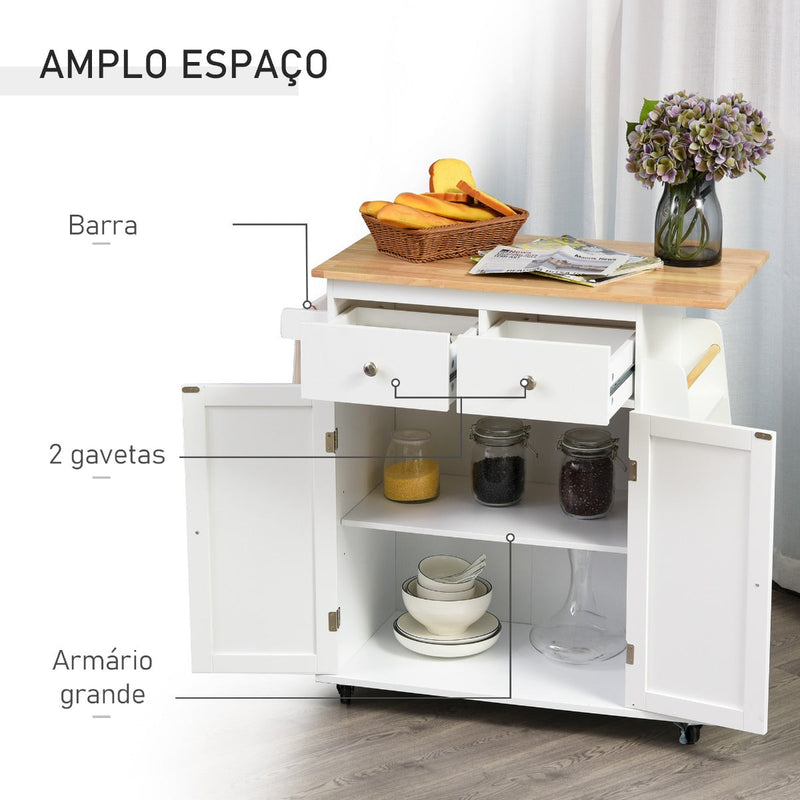 Carrinho de Cozinha Auxiliar com Rodas Carrinho de Cozinha com 2 Gavetas Armário de Armazenamento Prateleira Interior Ajustável 3 Suportes para Temperos e Barra de Pendurar 89x45x89,5cm Branco