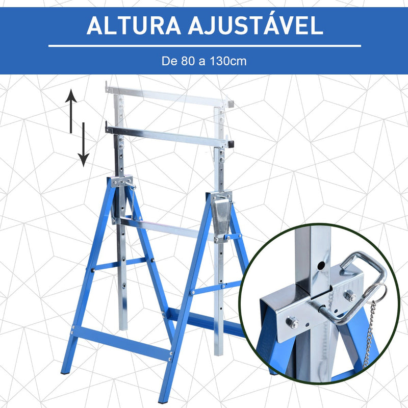 Conjunto de 2 Cavaletes Telescópicos Dobráveis com Altura Ajustável Cavaletes de Serra de Aço para Mesa de Trabalho Carga 200kg 68x58x80-130cm Azul e Prata