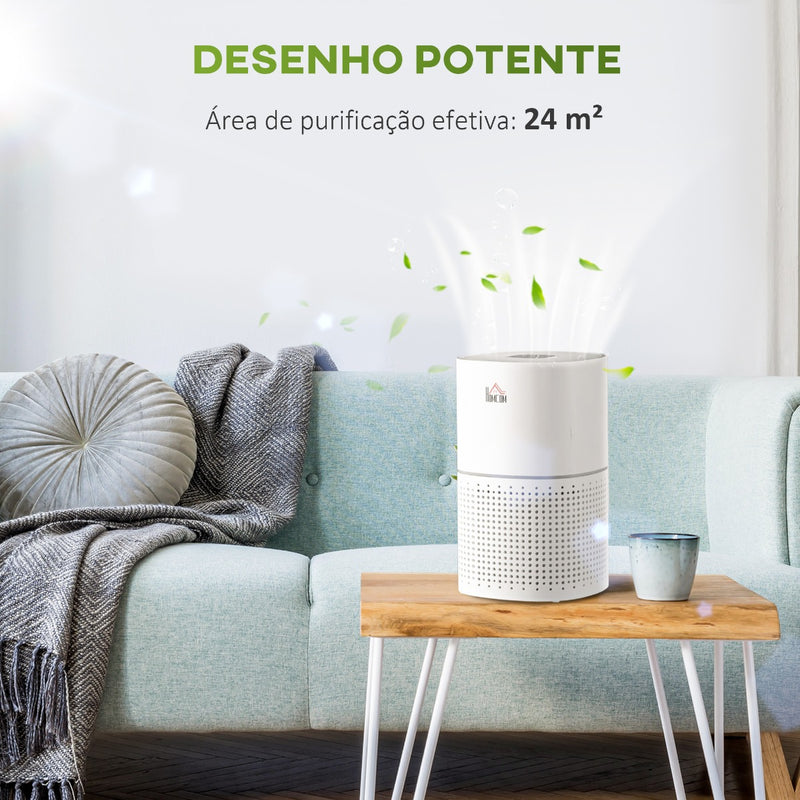 Purificador de Ar com Filtro HEPA de 3 Capas CADR 225 m³/h até 24 m³ Purificador de Mesa com Ecrã LED 4 Velocidades Temporizador Modo Noturno e Silencioso 22,7x22,7x36cm Branco