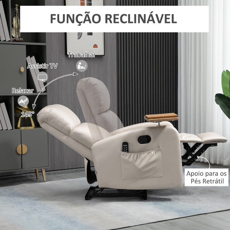 Poltrona de Massagem Poltrona Relax Elétrica com 4 Modos de Vibração Reclinação 145° Estofada em Microfibra Controlo Remoto Mesa 2 Bolsos Laterais e Suporte para Copos 77x93x105cm Bege