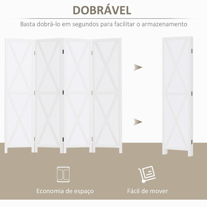 Biombo de 4 Paineis Separador de Ambientes Dobrável 182x170cm Divisória para Espaços de Madeira Decoração Elegante para Dormitório Sala de Estar Branco