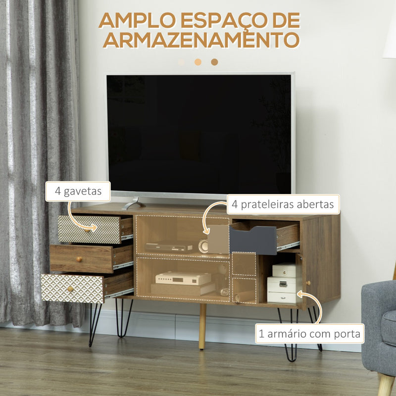 Móvel de TV com Prateleira de Armazenamento 4 Gavetas e Pés de Metal Móvel de TV para Televisores de até 50 Polegadas para Escritório 120x39x64cm Marrom