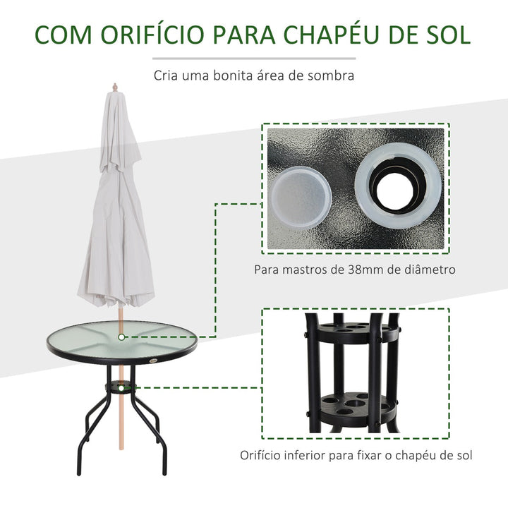 Mesa de Jardim Redonda Mesa Sala de Jantar de Cristal Temperado com Orifício para Chapéu de Sol Estrutura Metálica para Pátio Terraço Exterior Ø80x72cm Preto