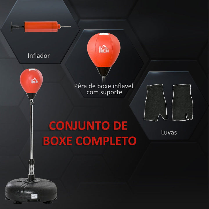 Saco de Boxe de Pé com Altura Ajustável de 4 Níveis Punching Ball com Base Preenchida Luvas e Inflador para Adultos e Adolescentes Ø45x132-158cm Preto e Vermelho