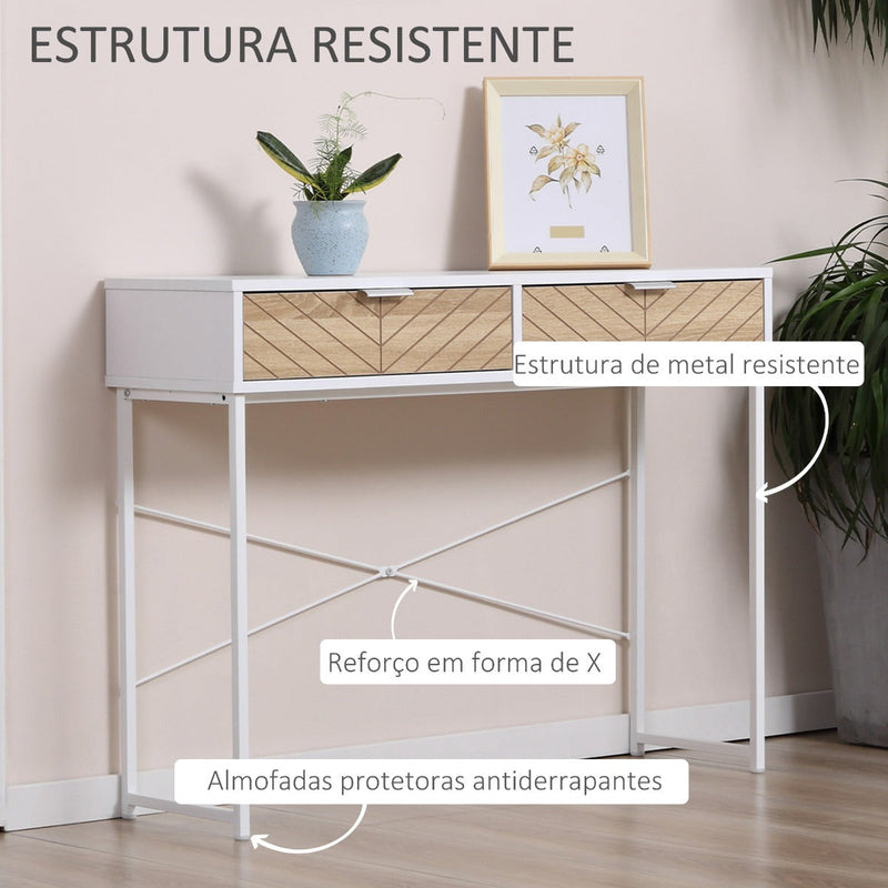 Mesa Consola 100x30x75cm Mesa de Entrada Moderno com 2 Gavetas de Armazenamento e Estrutura de Metal para Corredor Sala de Estar Branco