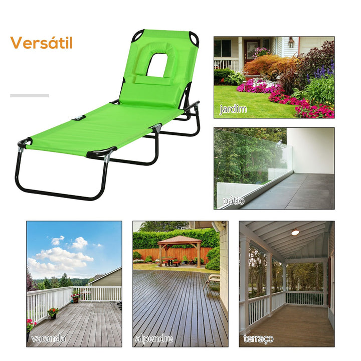 Espreguiçadeira Dobrável com Encosto Ajustável em 4 Posições Espreguiçadeira de Jardim com Almofada Estrutura de Aço Tecido Oxford para Acampamento Praia Terraço 190x56x28cm Verde