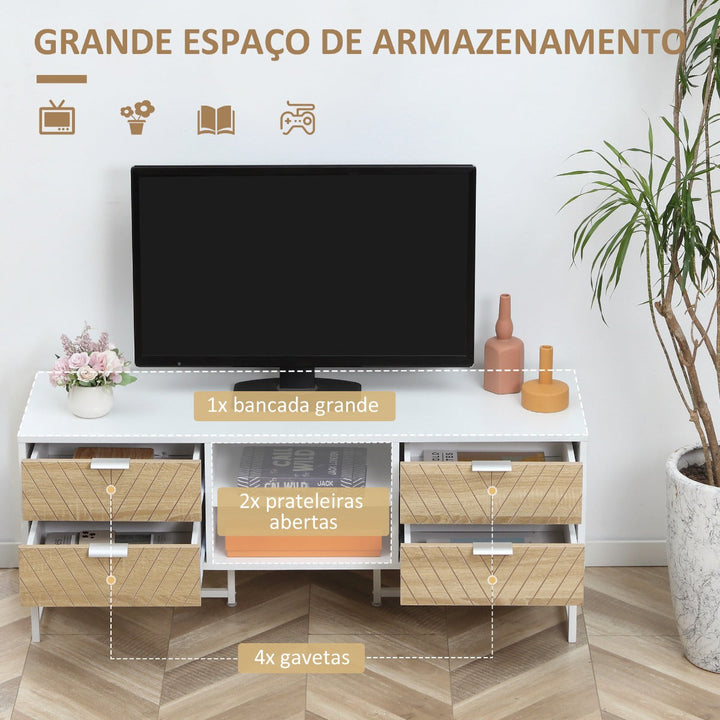 Móvel de TV de até 47 Polegadas Móvel de Sala de Estar Moderno com 4 Gavetas 2 Prateleiras Abertas e Orifício Passa Cabos 120x39x48cm Branco e Carvalho
