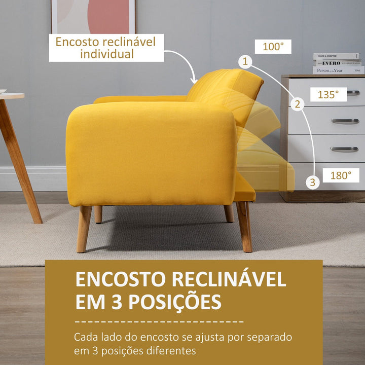 Sofá Cama de 2 Lugares com Encosto Ajustável em 3 Posições Apoio para os Braços Desmontável e Pés de Madeira Sofá Duplo Moderno para Sala de Estar Escritório 173x75x73cm Amarelo
