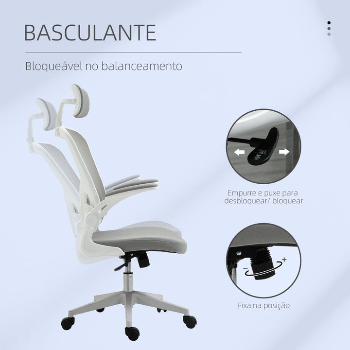 Cadeira de Escritório de Malha Ergonómica Cadeira de Escritório com Altura Ajustável Apoio para os Braços Dobrável Apoio para a Cabeça e Suporte Lombar Ajustáveis 65x64x114-122cm Cinza