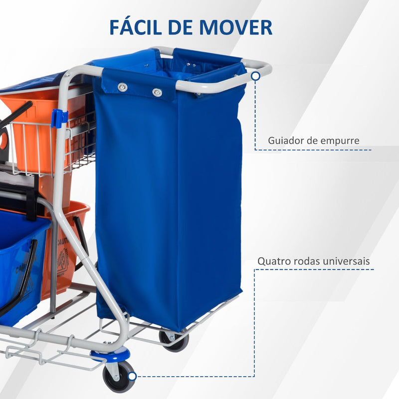 Carro de Limpeza Profissional com Balde Duplo Removível de 18 Litros Escorredor 2 Baldes Auxiliares e Bolsa de Lixo 100x70x103cm Azul e Laranja