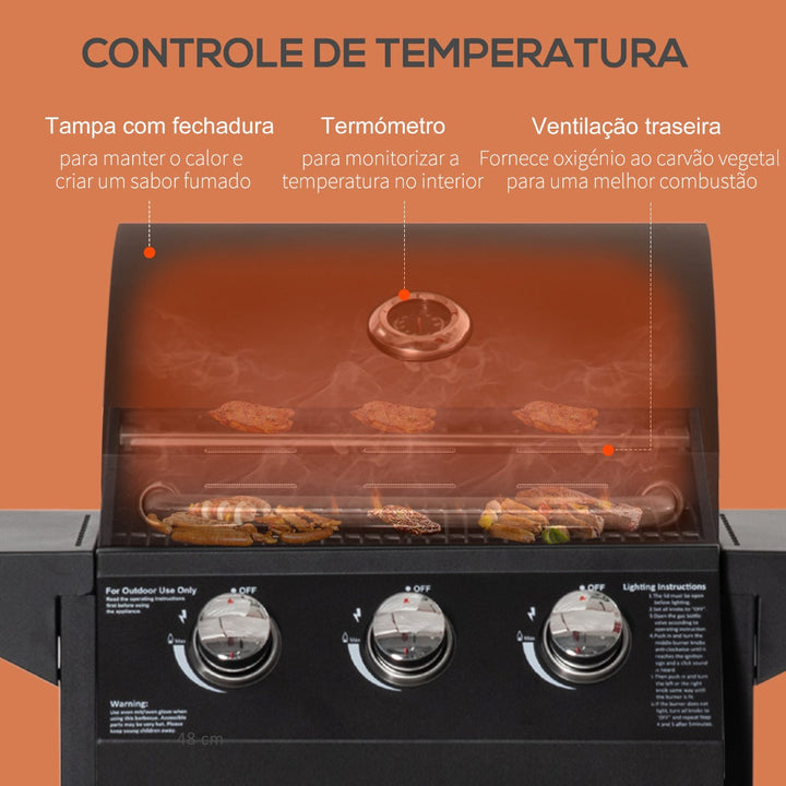 Churrasqueira a Gás com 3 Queimadores Termômetro Churrasqueira a Gás com 2 Prateleiras Laterais Armário de 2 Portas 4 Rodas e Freios Aço de Carbono 121x55x109cm Preto