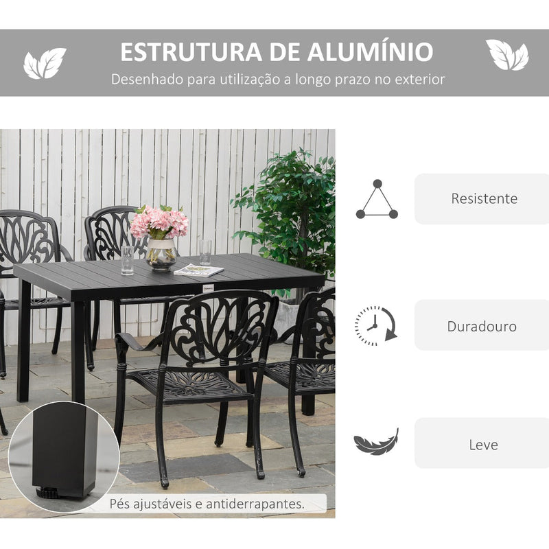 Mesa de Jardim Retangular Mesa de Exterior para 6 Pessoas com Bancada de Ripas e Estrutura de Alumínio para Terraço Balcão 140x90x74cm Preto