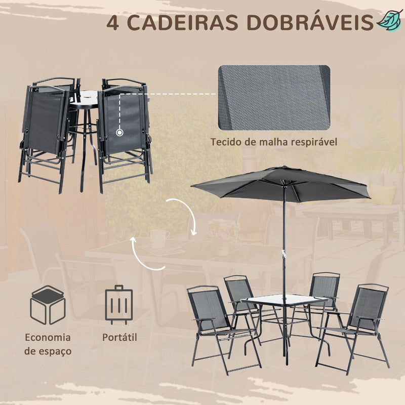 Conjunto de Móveis de Jardim com 4 Cadeiras Dobráveis Mesa de Jardim de Vidro e Chapéu de Sol Inclinável Proteção Solar para Pátio Terraço Exterior 80x80x70cm Preto