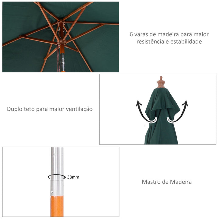 Chapéu de Sol de Jardim 200x150x230cm Chapéu de Sol Retangular Inclinável com Polia Duplo Teto e Mastro Desmontável de Madeira para Terraço Pátio Verde