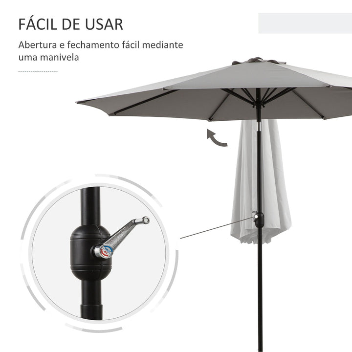 Chapéu de Sol de Jardim Ø300x250 cm com Manivela Chapéu de Sol Exterior com Mecanismo de Inclinação e Mastro Desmontável de Metal para Terraço Piscina Pátio Cinza