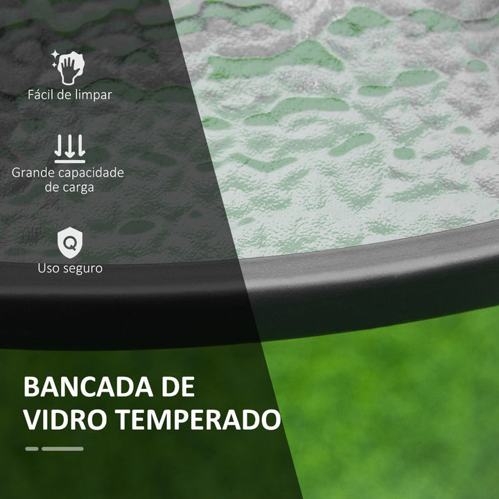 Mesa de Cristal de Jardim com Orifício para Chapéu de Sol Mesa Redonda de Exterior Terraço Varanda com Estrutura de Aço Ø106,5x71cm Transparente e Preto