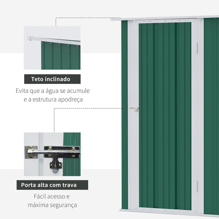 Abrigo de Jardim 142x84x189cm Abrigo de Jardim de Aço Galvanizado com Porta Fechadura e Orifícios de Drenagem para Armazenamento de Ferramentas Verde