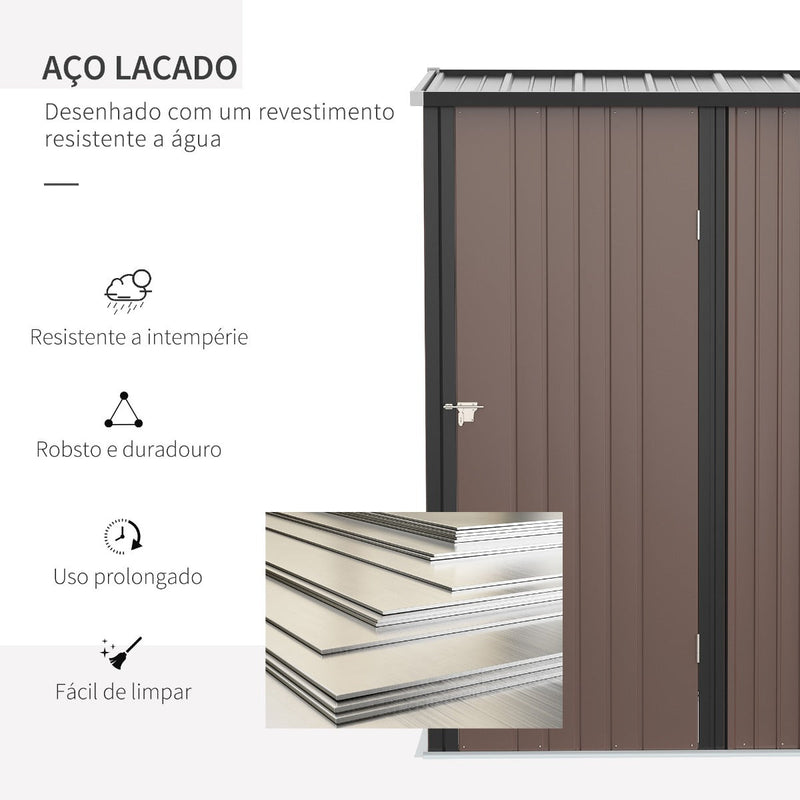 Abrigo de Jardim 1,34m² 161,5x94,5x196cm Abrigo de Exterior de Aço Galvanizado com Porta e Fechadura para Armazenamento de Ferramentas Marrom