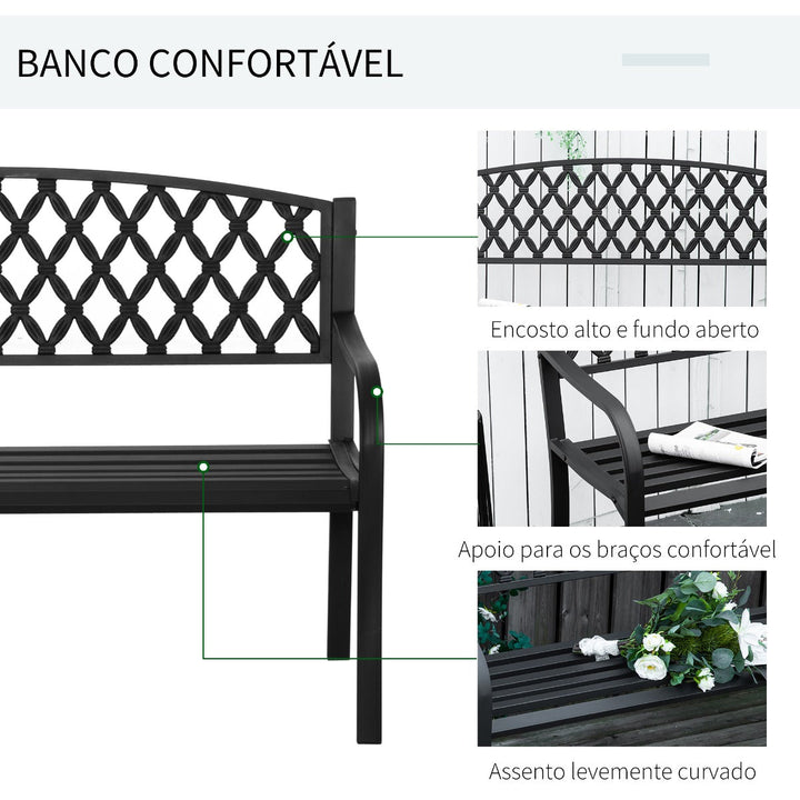 Banco de Jardim de 2 Lugares com Encosto Decorativo e Apoio para os Braços para Terraço Varanda Pátio Exterior Carga 280kg Ferro Fundido e Aço 128x58,5x89cm Preto