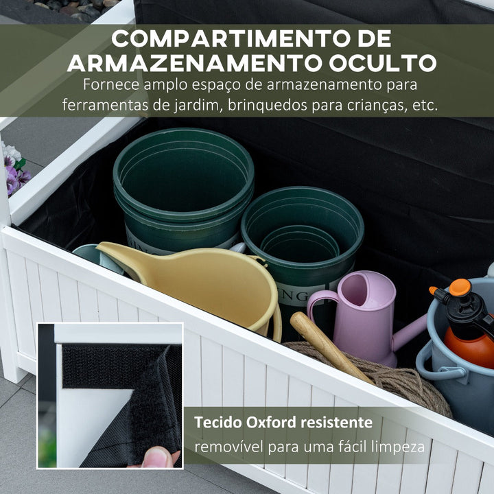 Banco de Madeira Exterior de 2 Lugares com Espaço de Armazenamento e Tecido Oxford Banco Baú de Jardim Terraço com Apoio para os Braços Carga 250kg 125x68,5x97 Branco