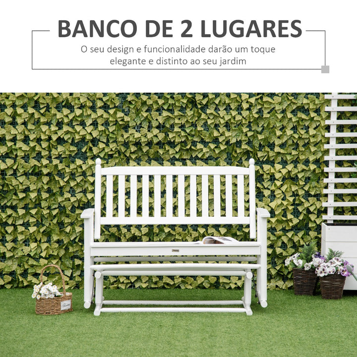 Banco Baloiço de Jardim de 2 Lugares Banco Baloiço de Madeira com Apoio para os Braços e Encosto de Ripas para Terraço Exterior Carga 250kg 125x68,5x102cm Branco