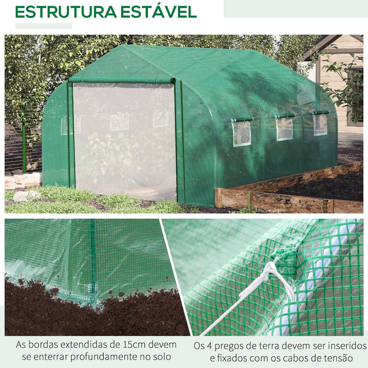 Estufa de Túnel 3,5x3x2m Estufa de Jardim com Porta e 6 Janelas Enroláveis de Polietileno Metal Galvanizado para Cultivos de Plantas Flores Verde