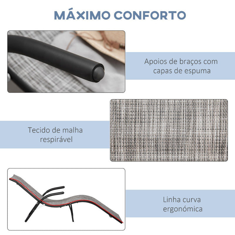 Espreguiçadeira de Jardim com Apoio para os Braços Apoio para os Pés Encosto Respirável e Estrutura de Metal Ergonómico para Terraço Praia Acampamento 170x62x68cm Cinza