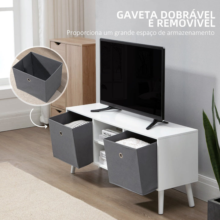 Móvel de TV para Televisores de até 50 Polegadas Móvel de Sala de Estar Moderno com 2 Gavetas de Tecido 2 Prateleiras Abertas e Orifício Passa Cabos 110x29x46,5cm Branco e Cinza