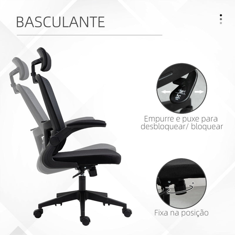 Cadeira de Escritório de Malha Ergonómica Cadeira de Escritório com Altura Ajustável Apoio para os Braços Dobrável Apoio para a Cabeça e Suporte Lombar Ajustáveis 65x64x114-122cm Preto