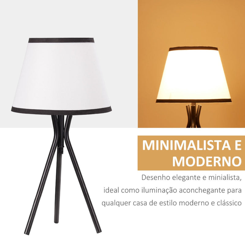 Candeeiro de Mesa com Tripé de Metal Candeeiro de Escritório com Ecrã de Tecido e Suporte para Lâmpada E27 Máx. 40W Estilo Moderno para Dormitórios Sala de Estar Ø25x50cm Branco e Preto