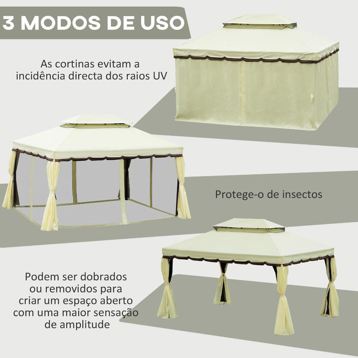 Pérgola de Jardim 4x3m Pérgola de Alumínio com Teto com Ventilação 4 Cortinas Laterais 4 Telas Mosquiteiras e 8 Orifícios de Drenagem para festas Eventos Exterior Creme