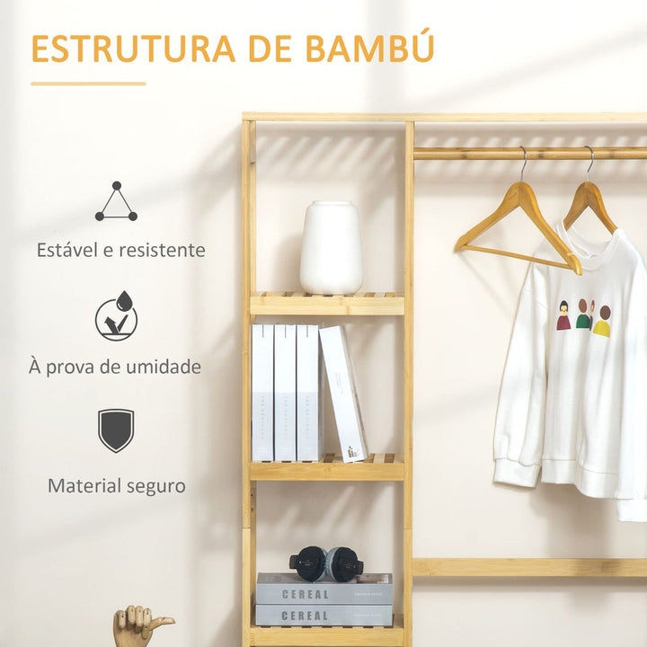 Charriot de Bambú Charriot de Pé com Prateleiras de 4 Níveis com Barra Prateleira Inferior e Cabide Lateral para Roupas Bolsas Dormitório 90x30x155cm Natural