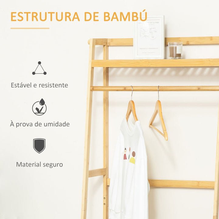 Charriot de Pé de Bambú Charriot com Prateleira de 3 Níveis com Barra e Cabide Lateral para Roupas Bolsas para Dormitório 70x42x164cm Natural