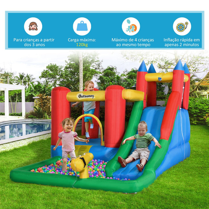 Castelo Insuflável com Escorrega Trampolim Piscina e Pistola de Água para Crianças acima de 3 Anos com Inflador e Bolsa de Transporte para Interior Exterior 330x245x215cm Multicor