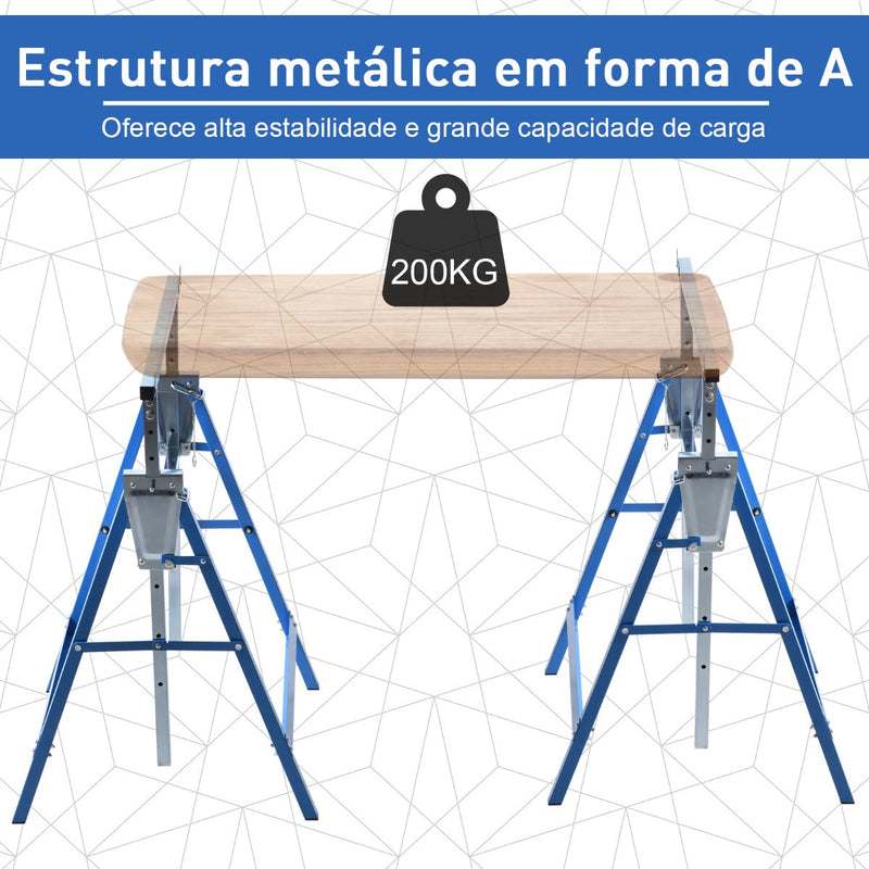 Conjunto de 2 Cavaletes Telescópicos Dobráveis com Altura Ajustável Cavaletes de Serra de Aço para Mesa de Trabalho Carga 200kg 68x58x80-130cm Azul e Prata