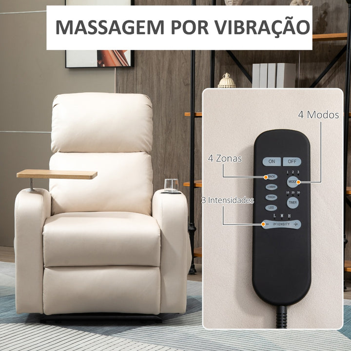 Poltrona de Massagem Poltrona Relax Elétrica com 4 Modos de Vibração Reclinação 145° Estofada em Microfibra Controlo Remoto Mesa 2 Bolsos Laterais e Suporte para Copos 77x93x105cm Bege