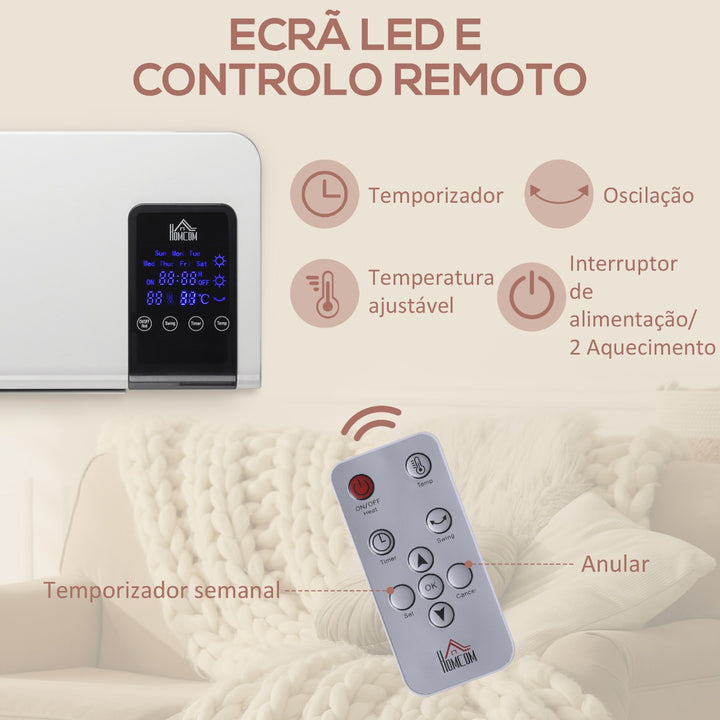 Aquecedor Elétrico de Parede 1000W/2000W Aquecedor com Ecrã LED Controlo Remoto Termostato Temporizador para Áreas de 15-20 m² 54,5x12x21,5 cm Branco
